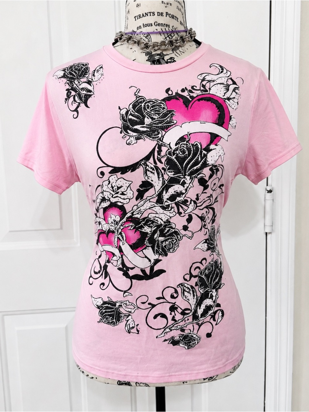 Pink Short-Sleeve Graphic Rose & Heart Tee